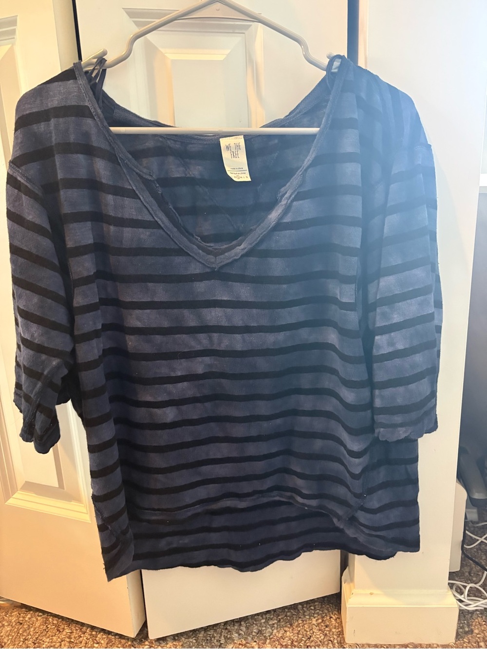 We The Free Navy and Black Striped V-Neck Short Sleeve Top